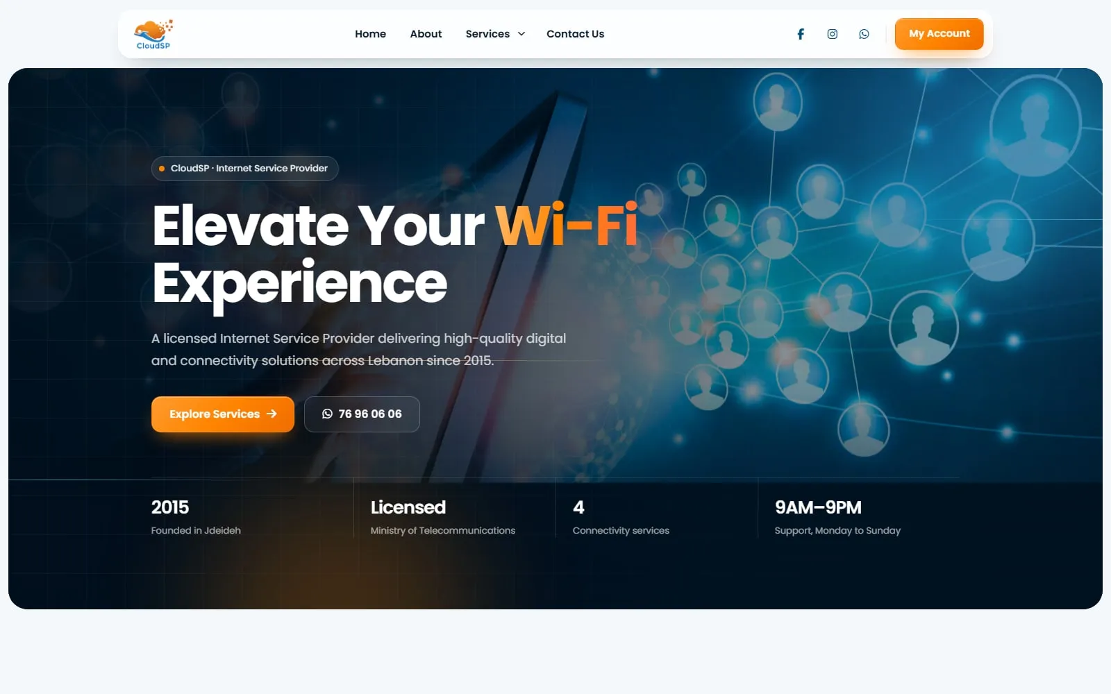 The CloudSP homepage. The headline “Elevate Your Wi-Fi Experience” sits over a dark network graphic, with a facts strip below showing founded 2015, licensed, 4 connectivity services and 9AM–9PM support.