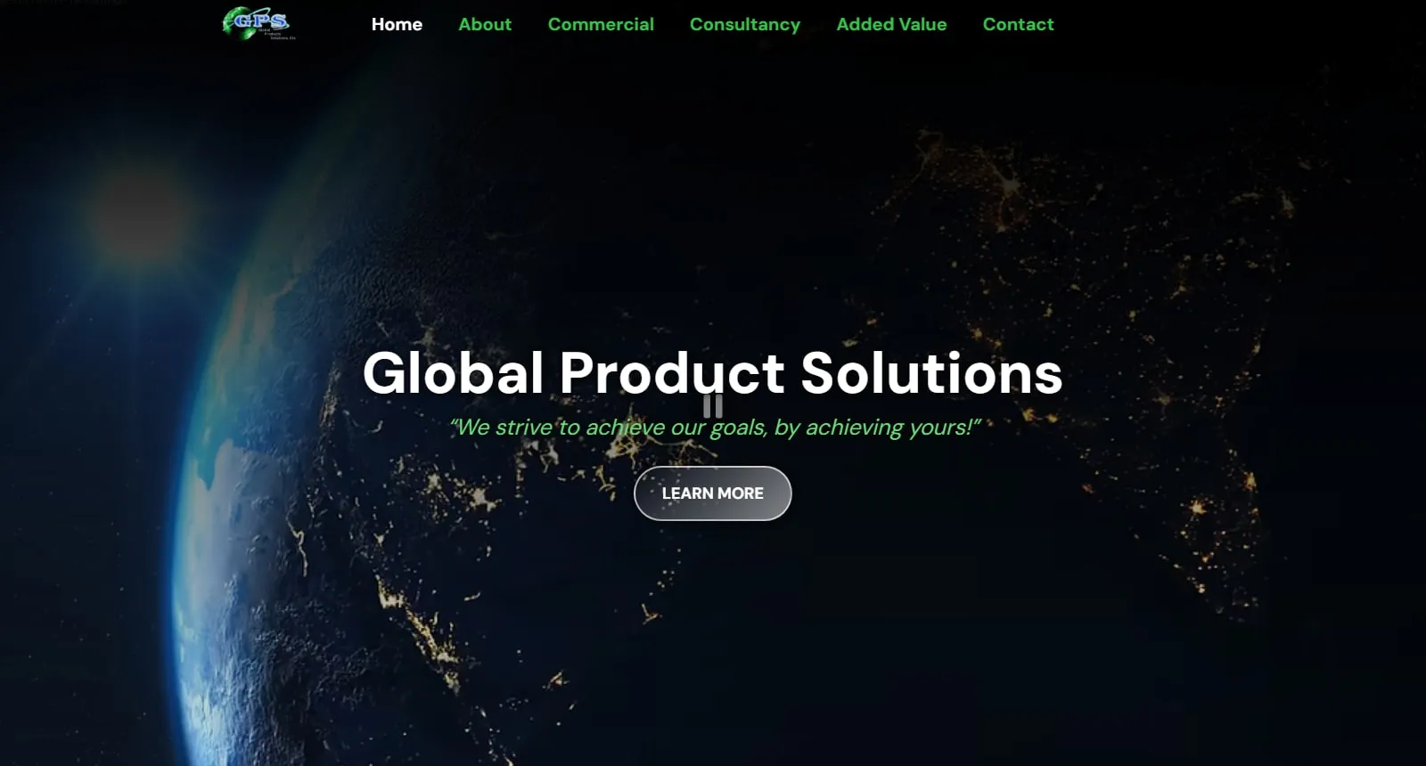 The Global Product Solutions homepage. A video of the Earth at night fills the screen behind the company name and the tagline “We strive to achieve our goals by achieving yours.”