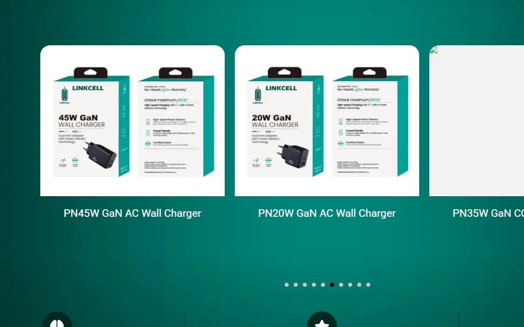 LinkCell product cards on a deep teal background, showing the boxed 45W and 20W GaN wall chargers.