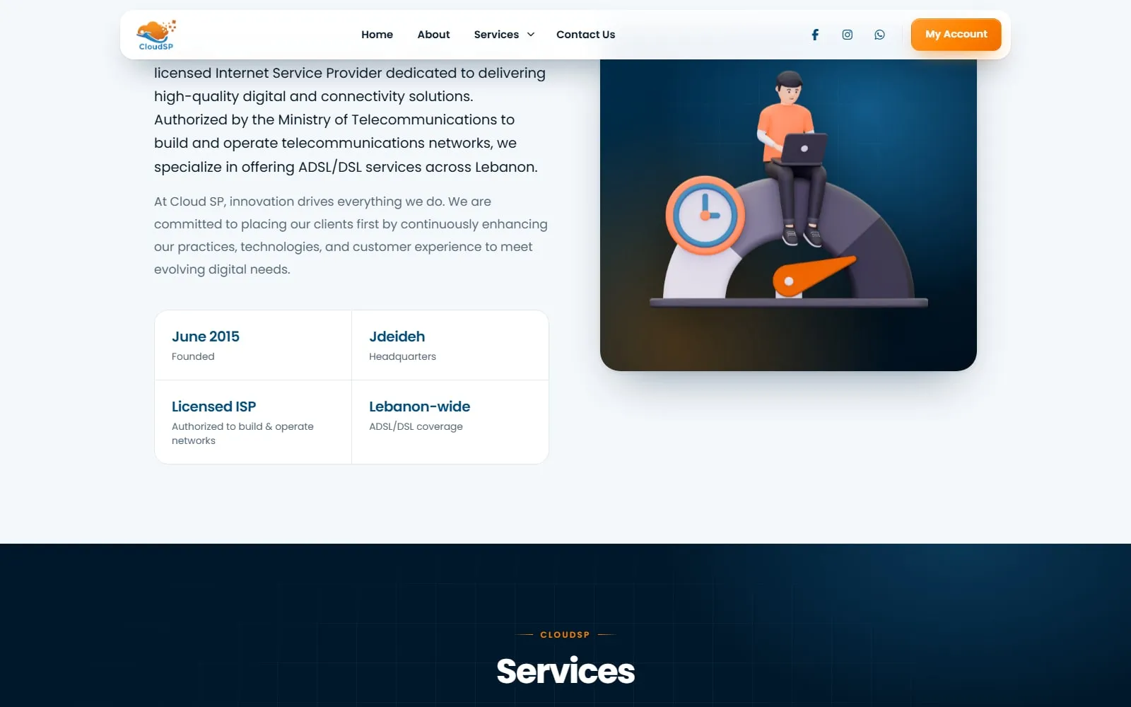 The CloudSP About section: copy about being a licensed ISP since 2015, a grid of facts (June 2015 founded, Jdeideh headquarters, licensed ISP, Lebanon-wide coverage) and an illustration of a person working beside a speed gauge.