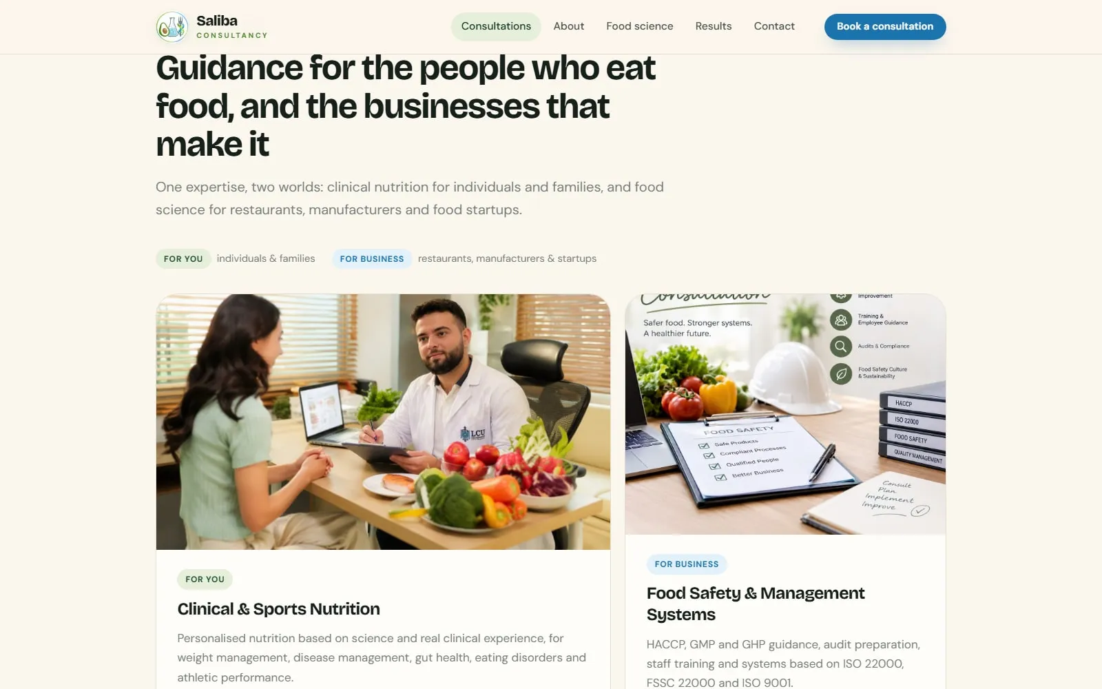 The services section: the heading “Guidance for the people who eat food, and the businesses that make it”, above two cards, one for clinical and sports nutrition (For you) and one for food safety and management systems (For business).