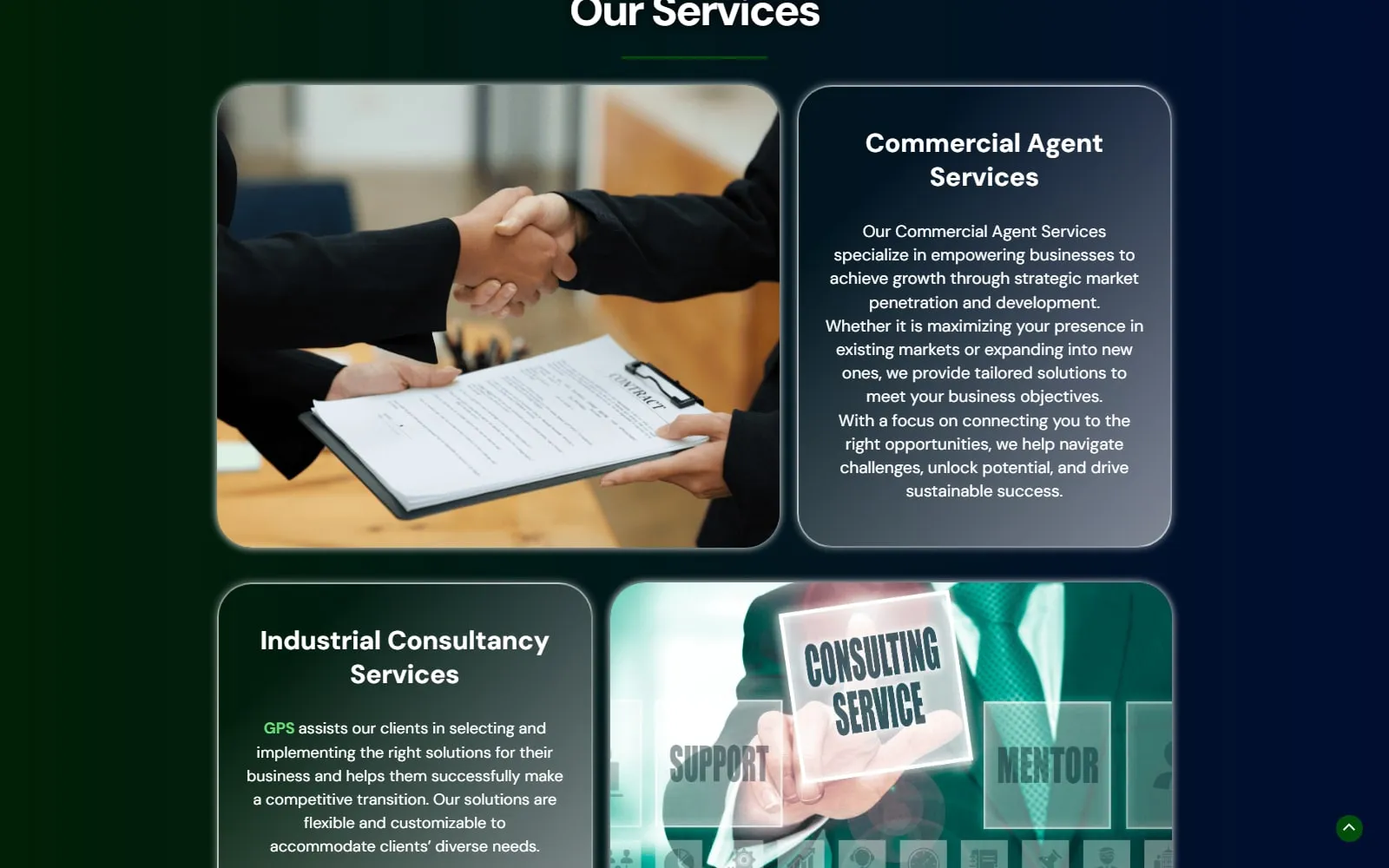 The Our Services section: a Commercial Agent Services card next to a photo of a handshake over a contract, and an Industrial Consultancy Services card next to a “Consulting Service” graphic.