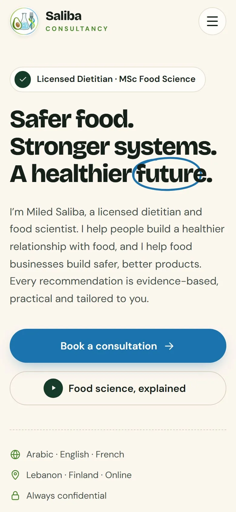 The Saliba Consultancy homepage on a phone, with the headline, a short introduction and a full-width Book a consultation button.