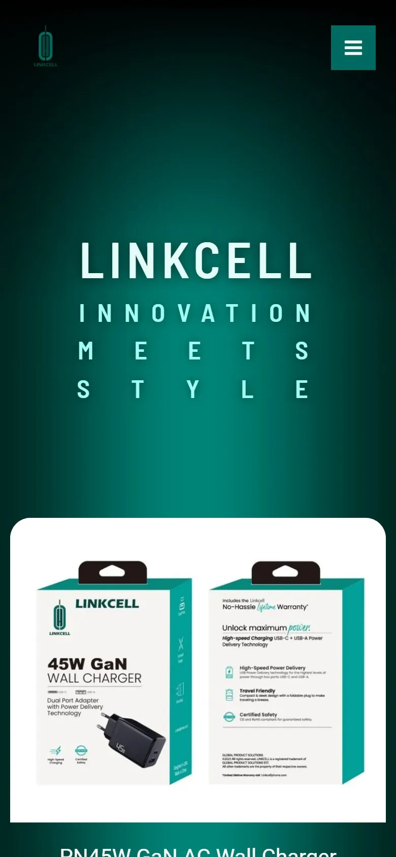 The LinkCell homepage on a phone, with the “Innovation meets style” headline above a boxed 45W GaN wall charger.