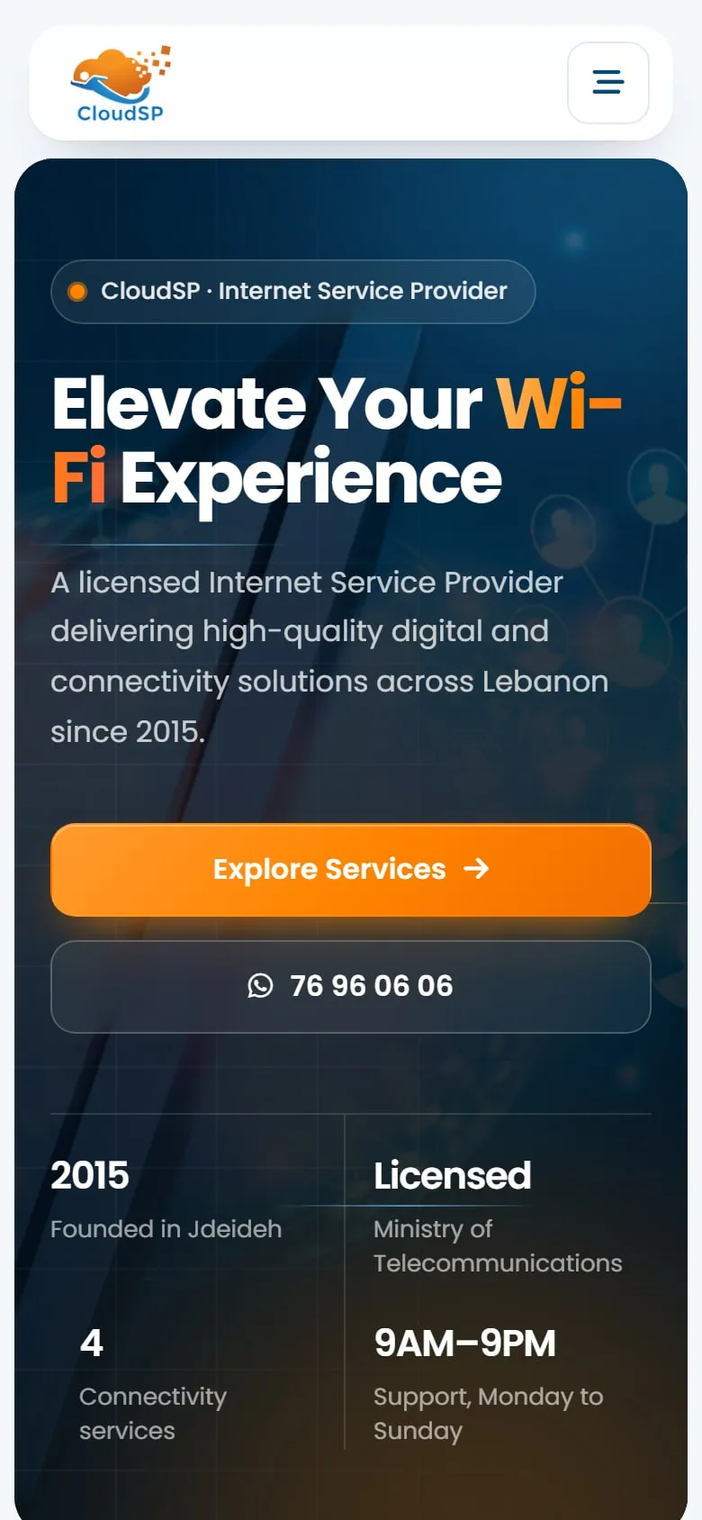 The CloudSP homepage on a phone: the Wi-Fi headline, an orange Explore Services button and the support number.