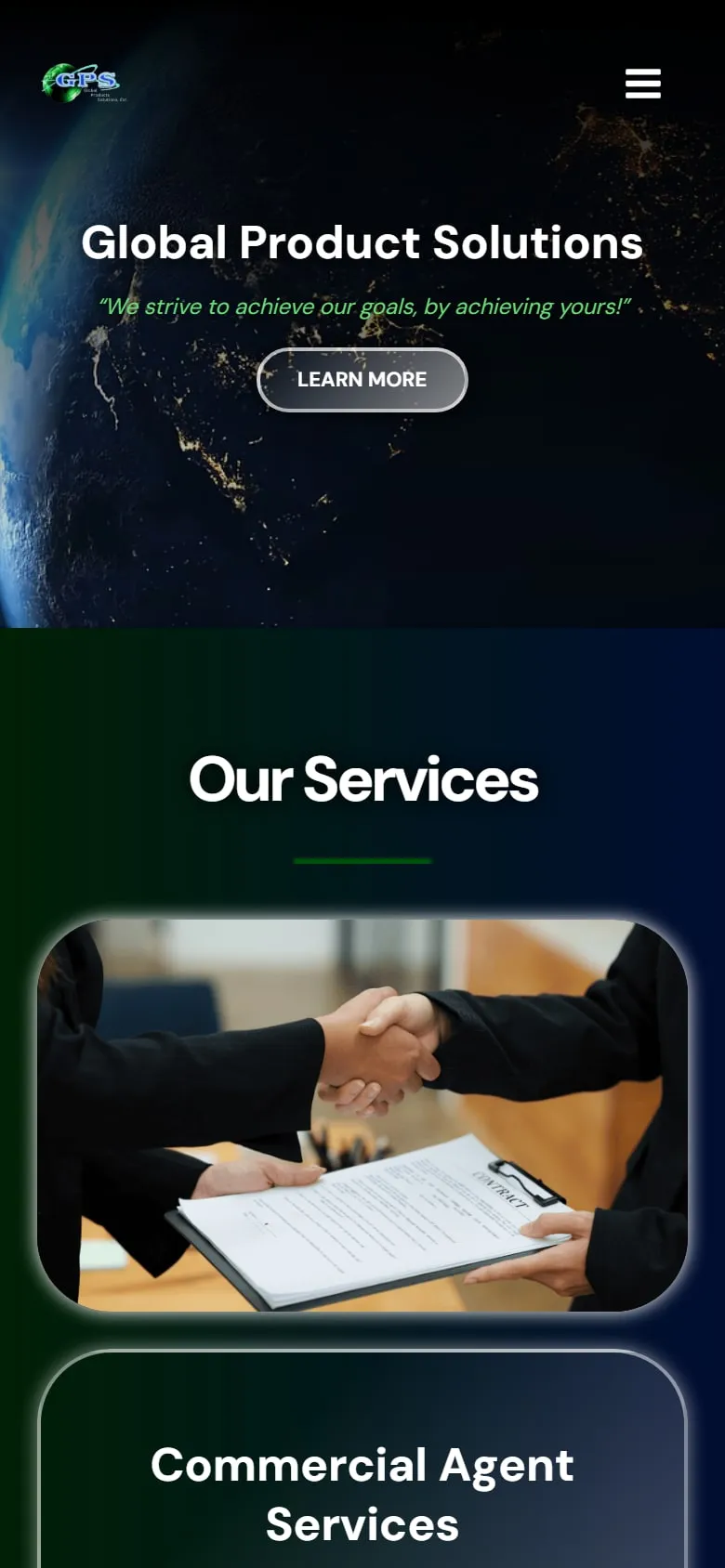 The Global Product Solutions homepage on a phone, with the globe hero followed by the Our Services section.